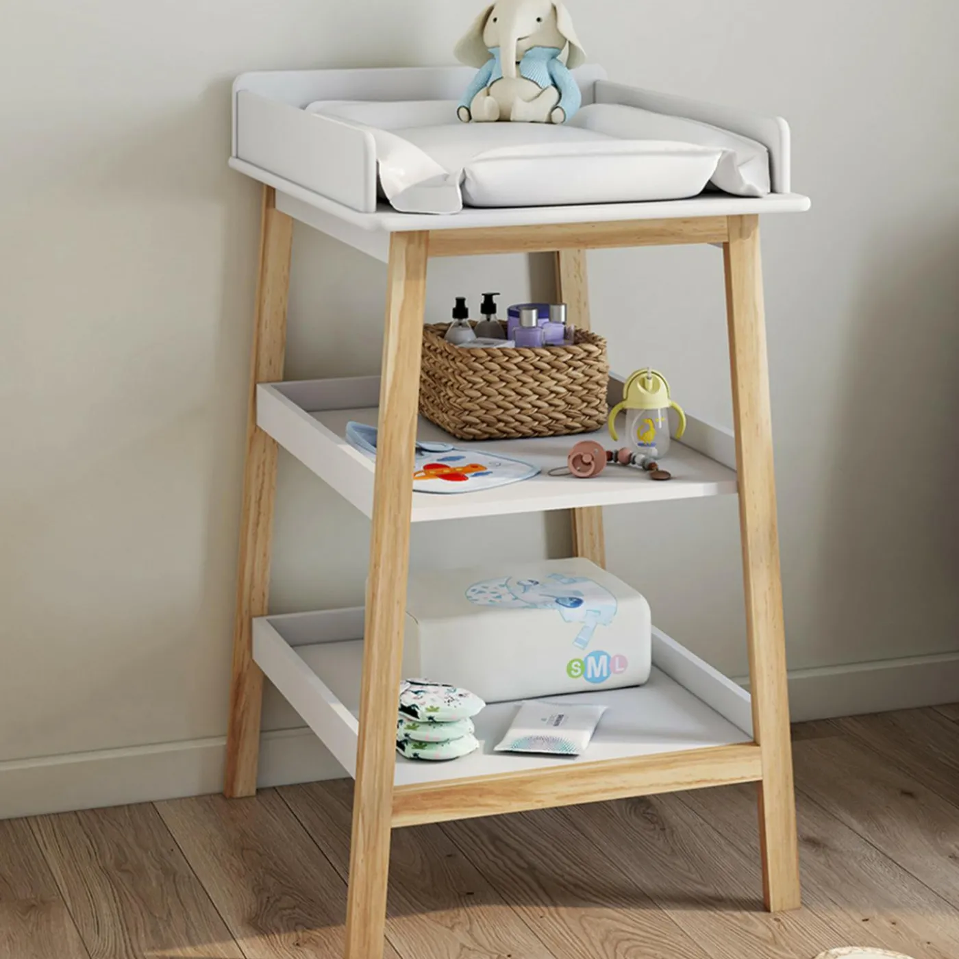 Table à langer avec 2 étagères façon hêtre et blanc