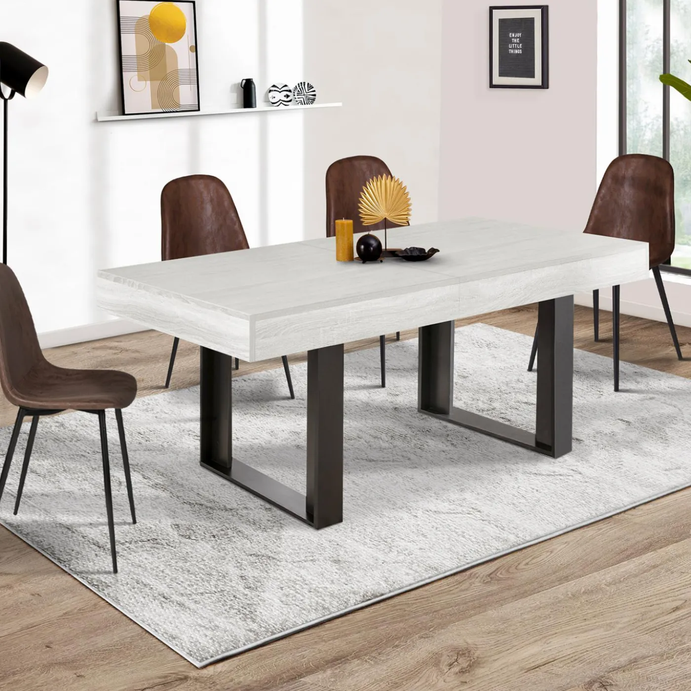 Table à manger 4 à 8 personnes bois gris et pieds gris foncé