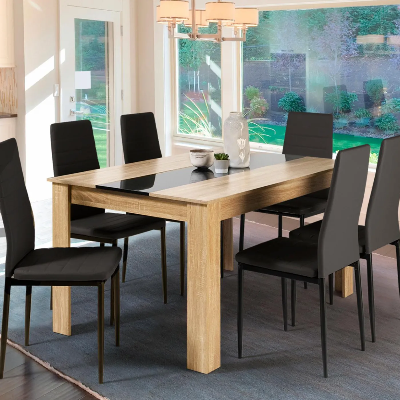Table à manger 6 personnes imitation hêtre et noire