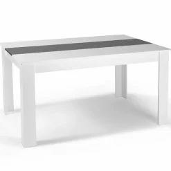 Table à manger blanche et grise 140 cm avec 6 chaises grises liseré blanc