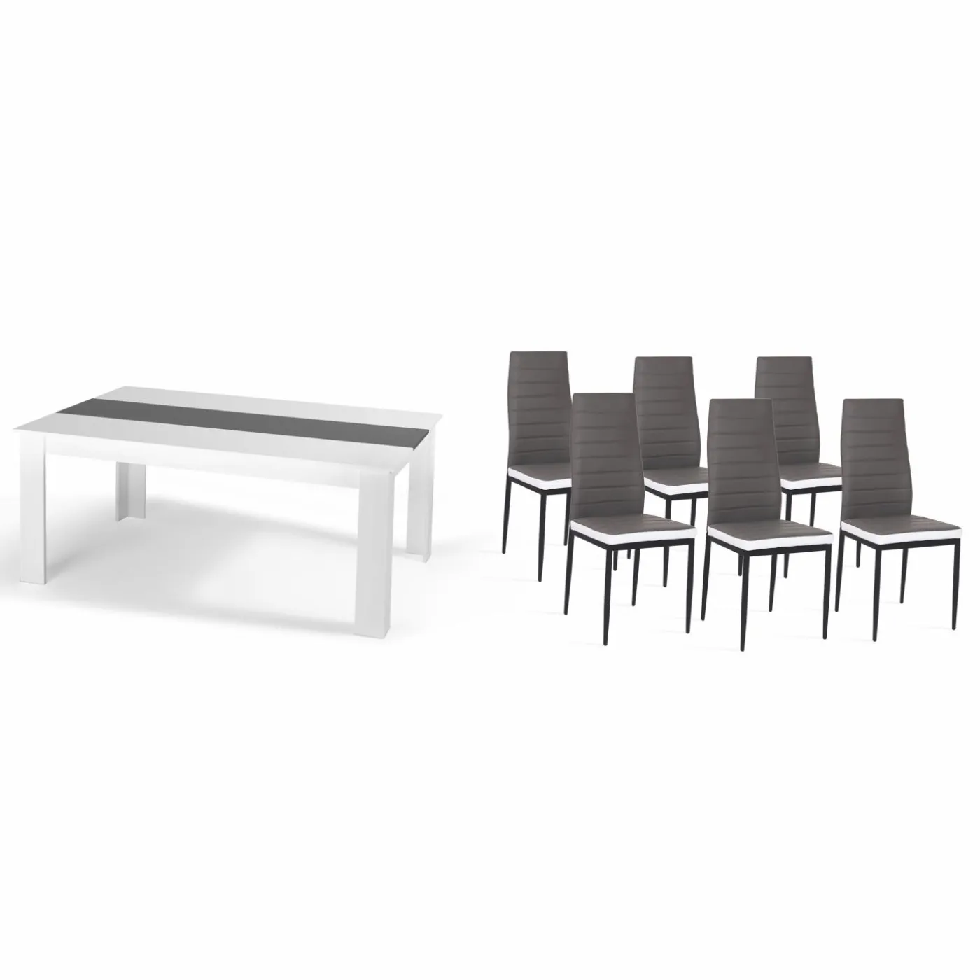 Table à manger blanche et grise 140 cm avec 6 chaises grises liseré blanc