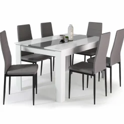 Table à manger blanche et grise 140 cm avec 6 chaises grises