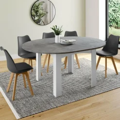 Table à manger blanche et plateau effet béton extensible ronde