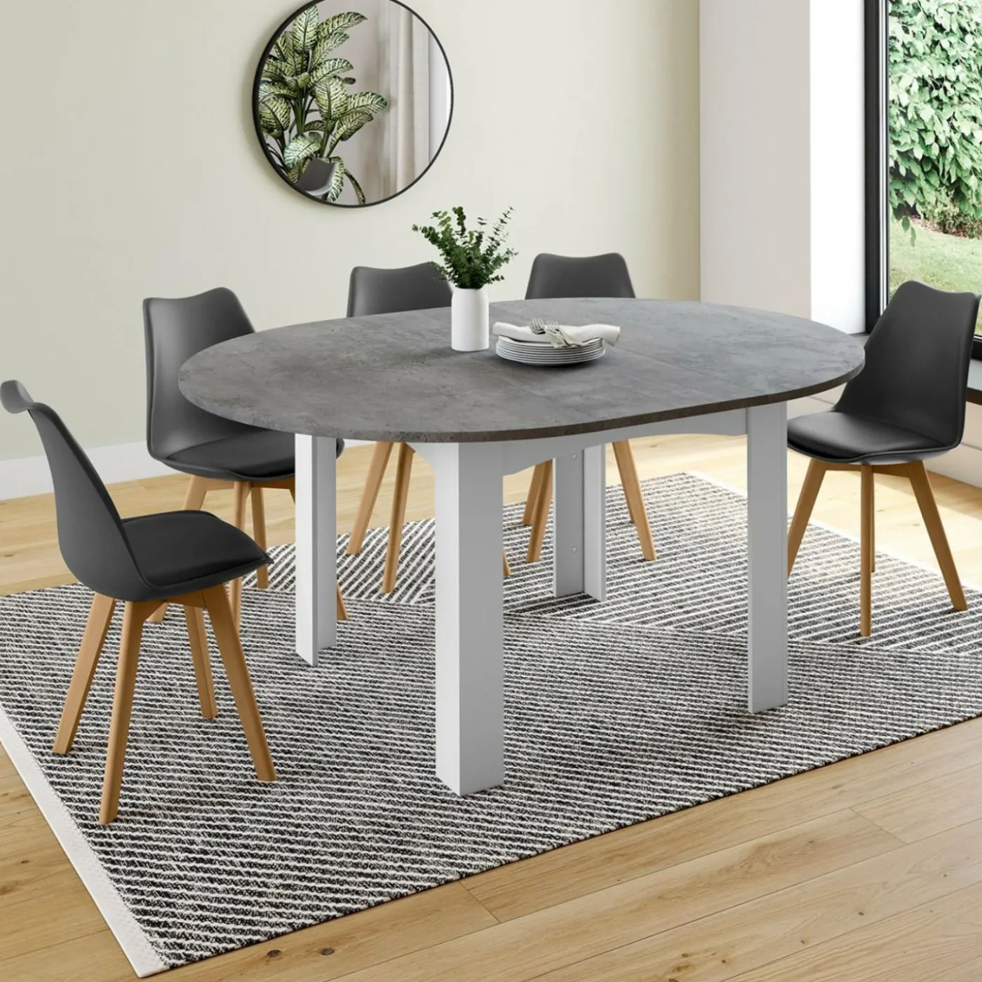 Table à manger blanche et plateau effet béton extensible ronde