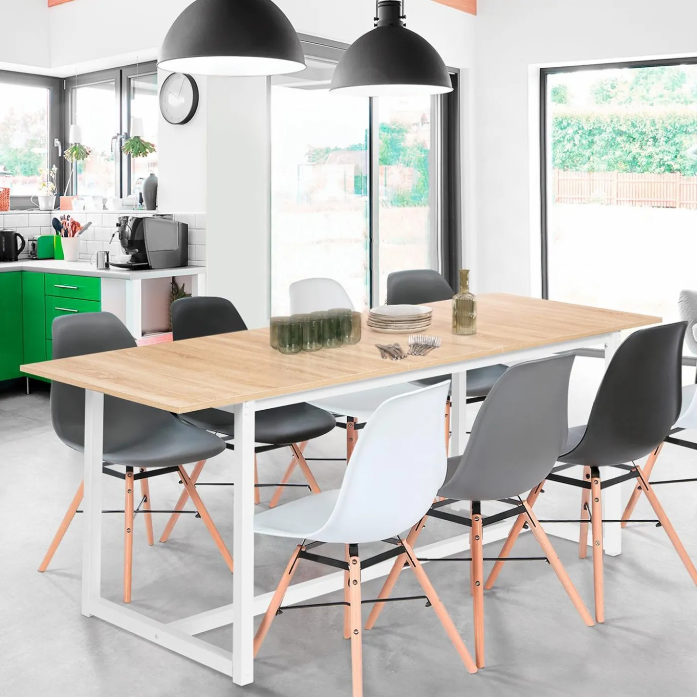 Table à manger blanche et bois extensible style industriel