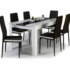 Table à manger blanche et noire 140 cm et 6 chaises noires liseré blanc