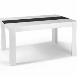 Table à manger blanche et noire 140 cm et 6 chaises noires liseré blanc