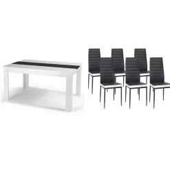 Table à manger blanche et noire 140 cm et 6 chaises noires liseré blanc