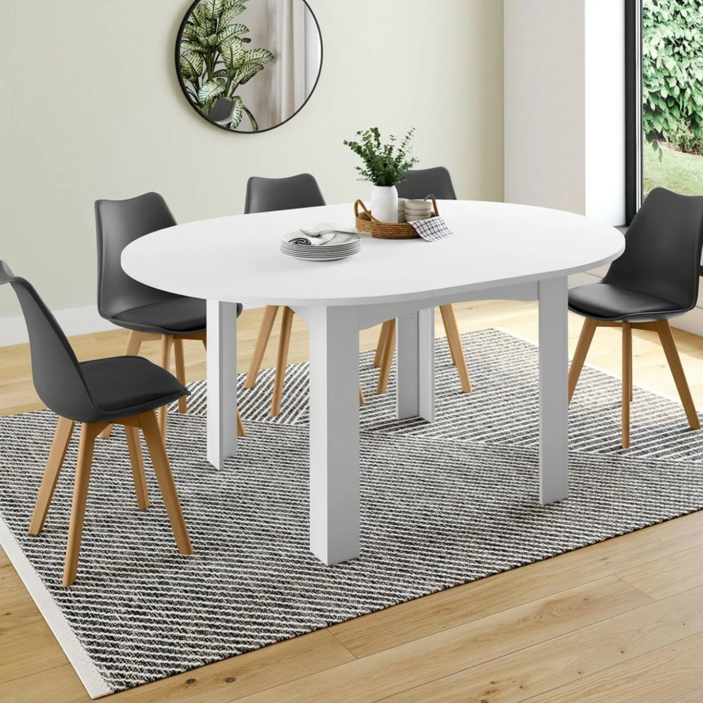Table à manger blanche extensible ronde pour 4-8 personnes