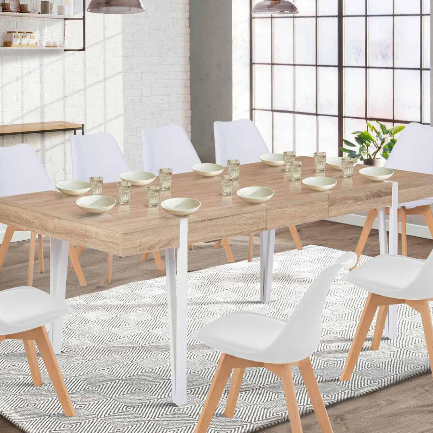Table à manger bois clair extensible 6-10 personnes avec pied épingle