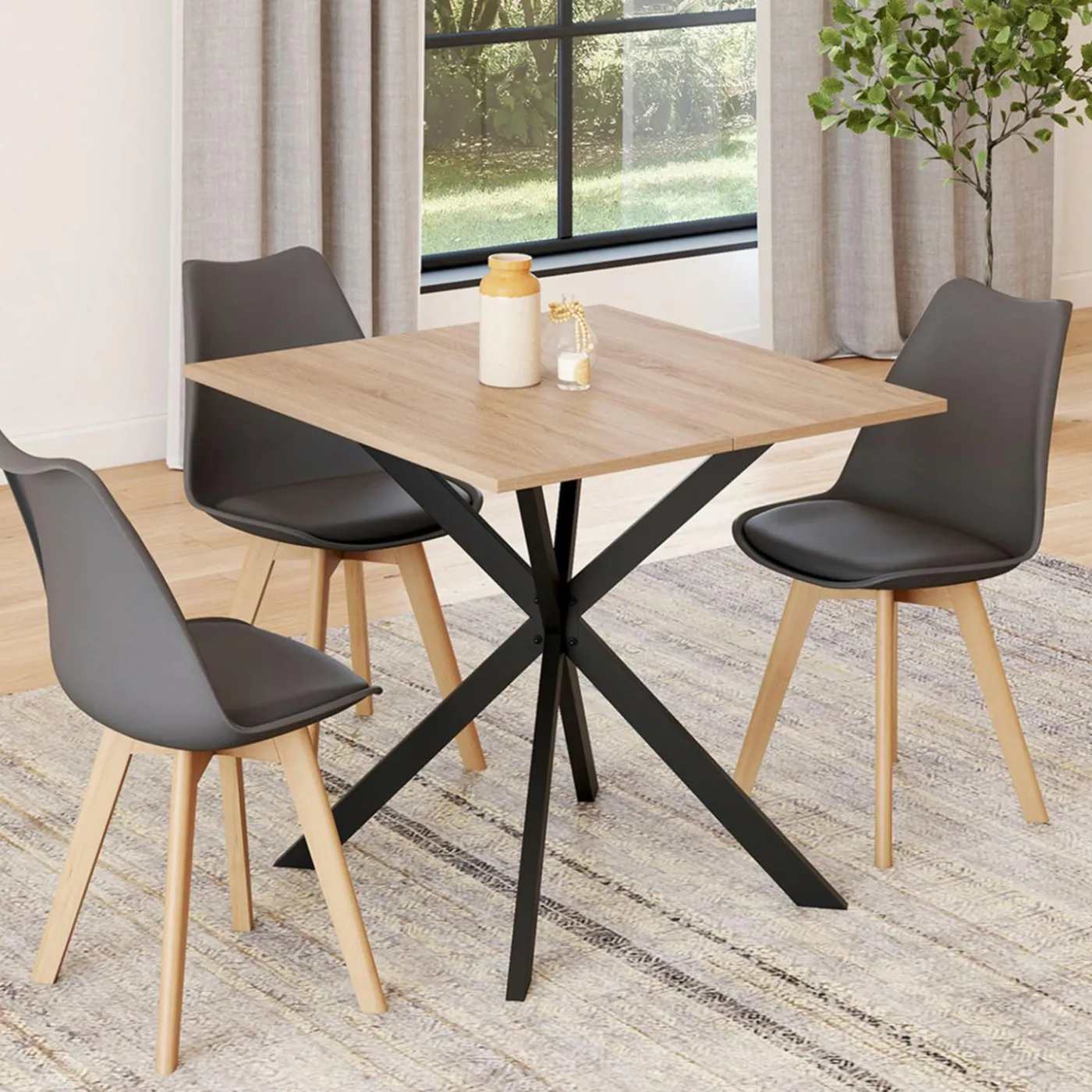 Table à manger carrée 80 cm 4 personnes en bois et pied araignée en métal noir