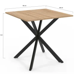 Table à manger carrée 80 cm 4 personnes en bois et pied araignée en métal noir