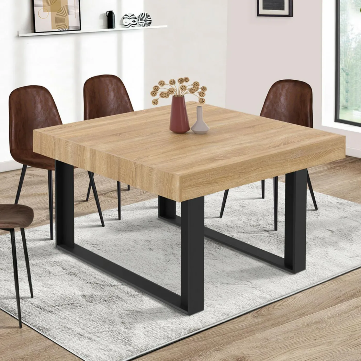 Table à manger carrée 6 personnes bois et noir