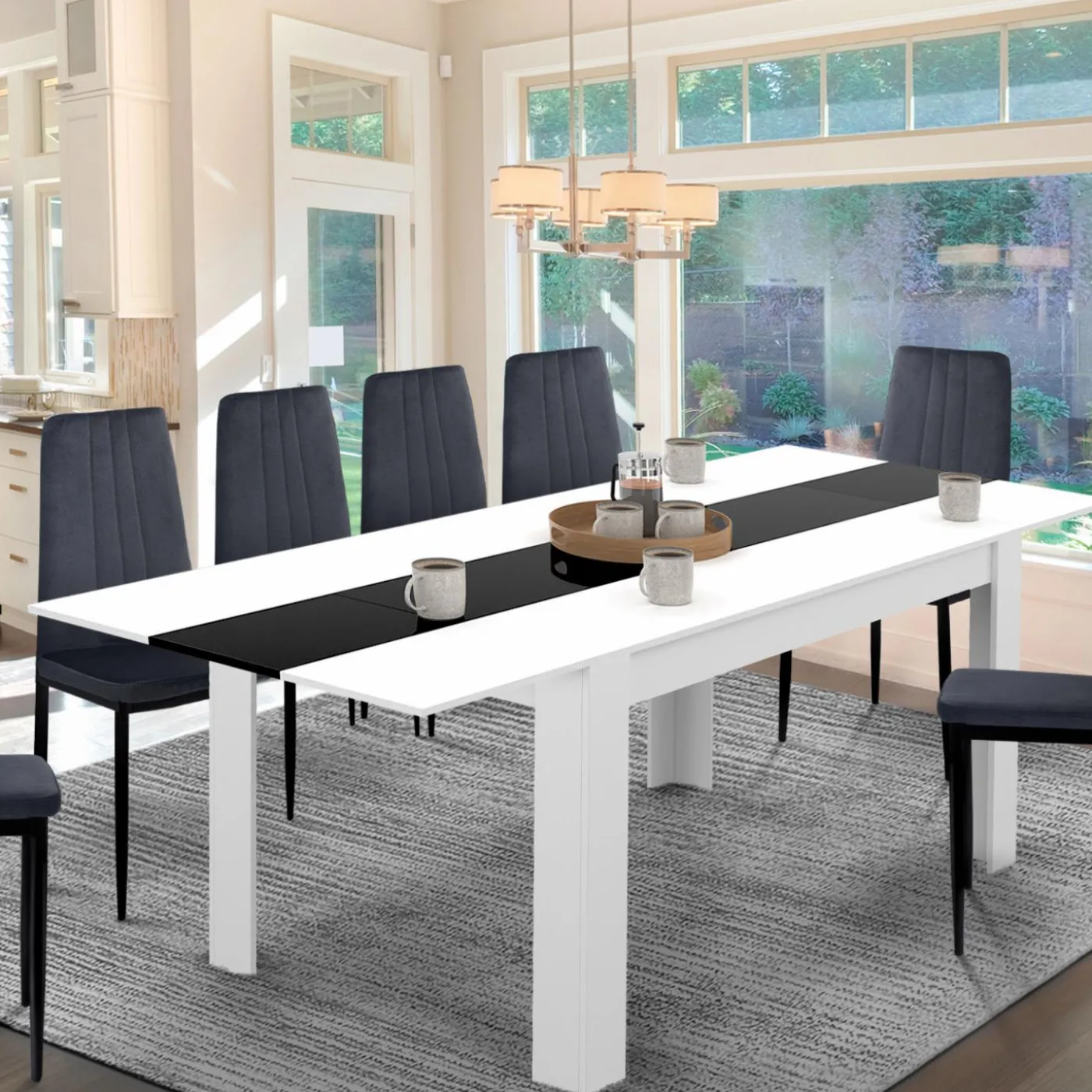 Table à manger extensible rectangle blanche et noire 6-10 personnes 140-220 cm