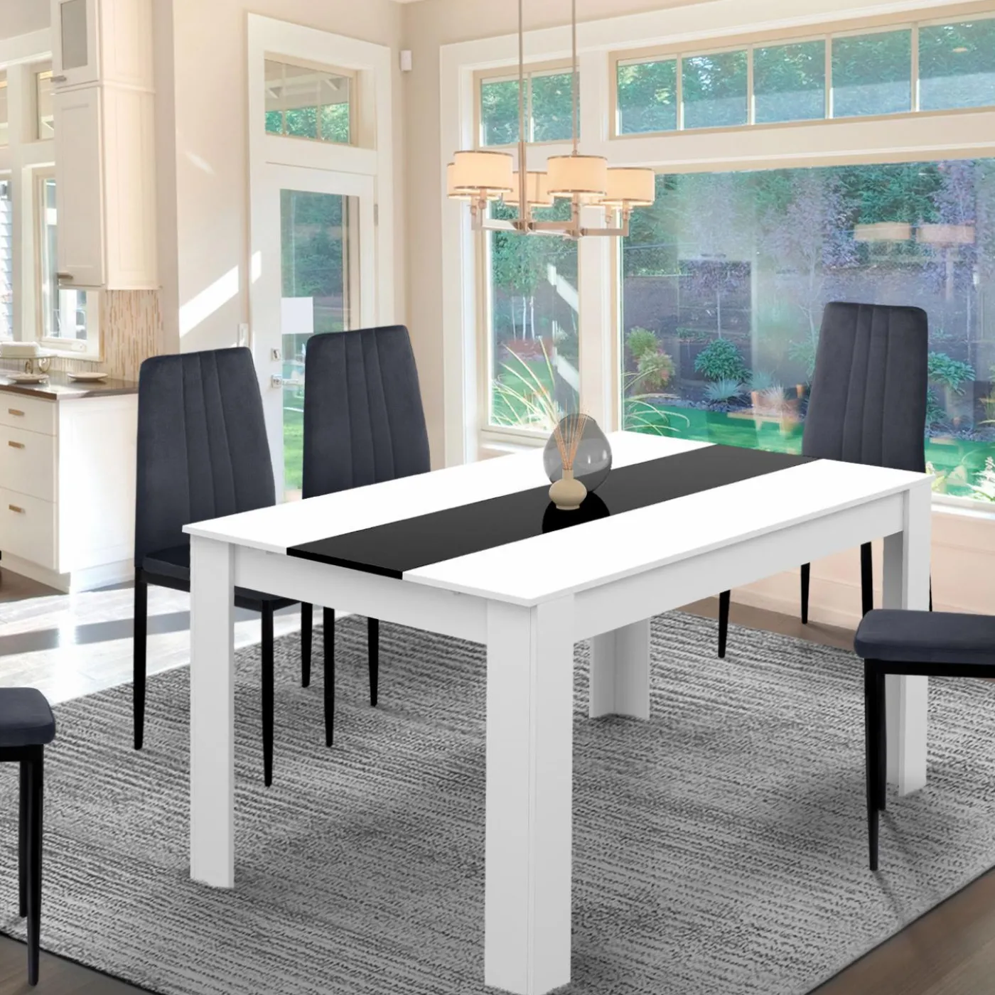 Table à manger extensible rectangle blanche et noire 6-10 personnes 140-220 cm
