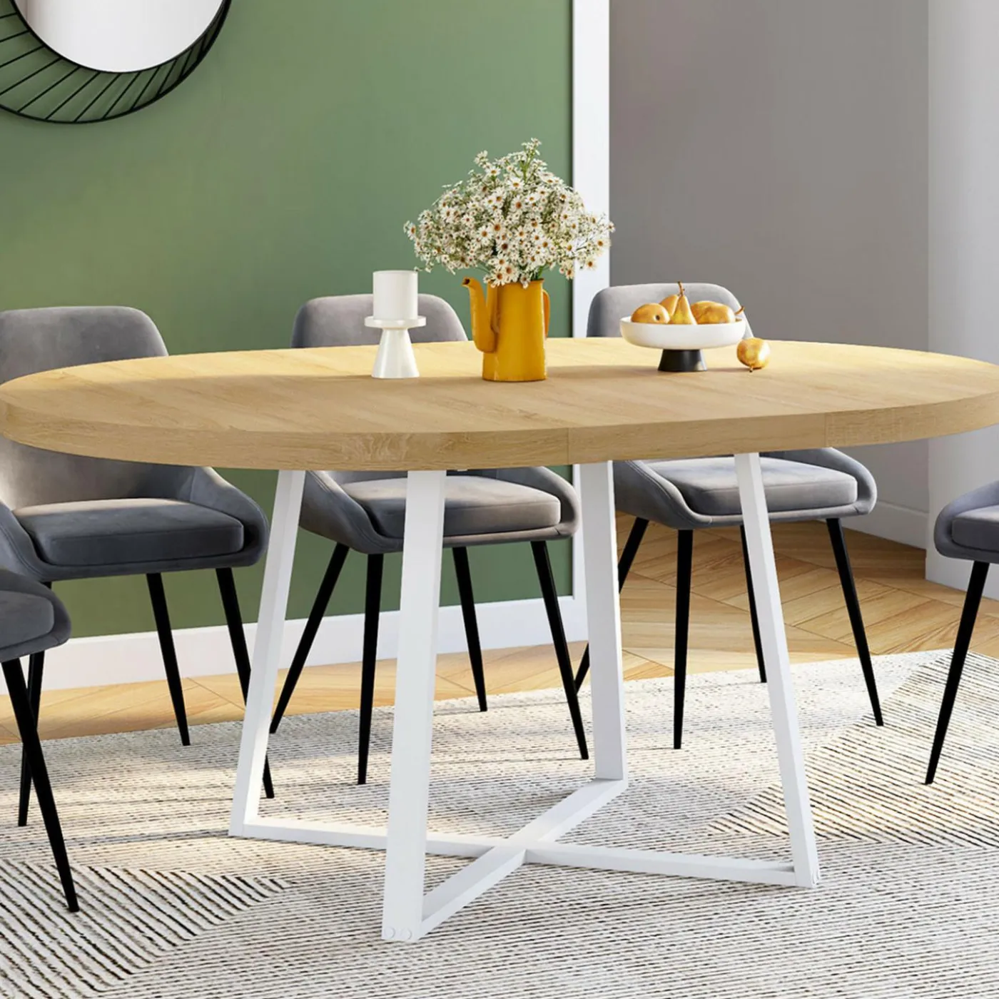 Table à manger extensible ronde 4-8 personnes bois et blanc 110-150 cm