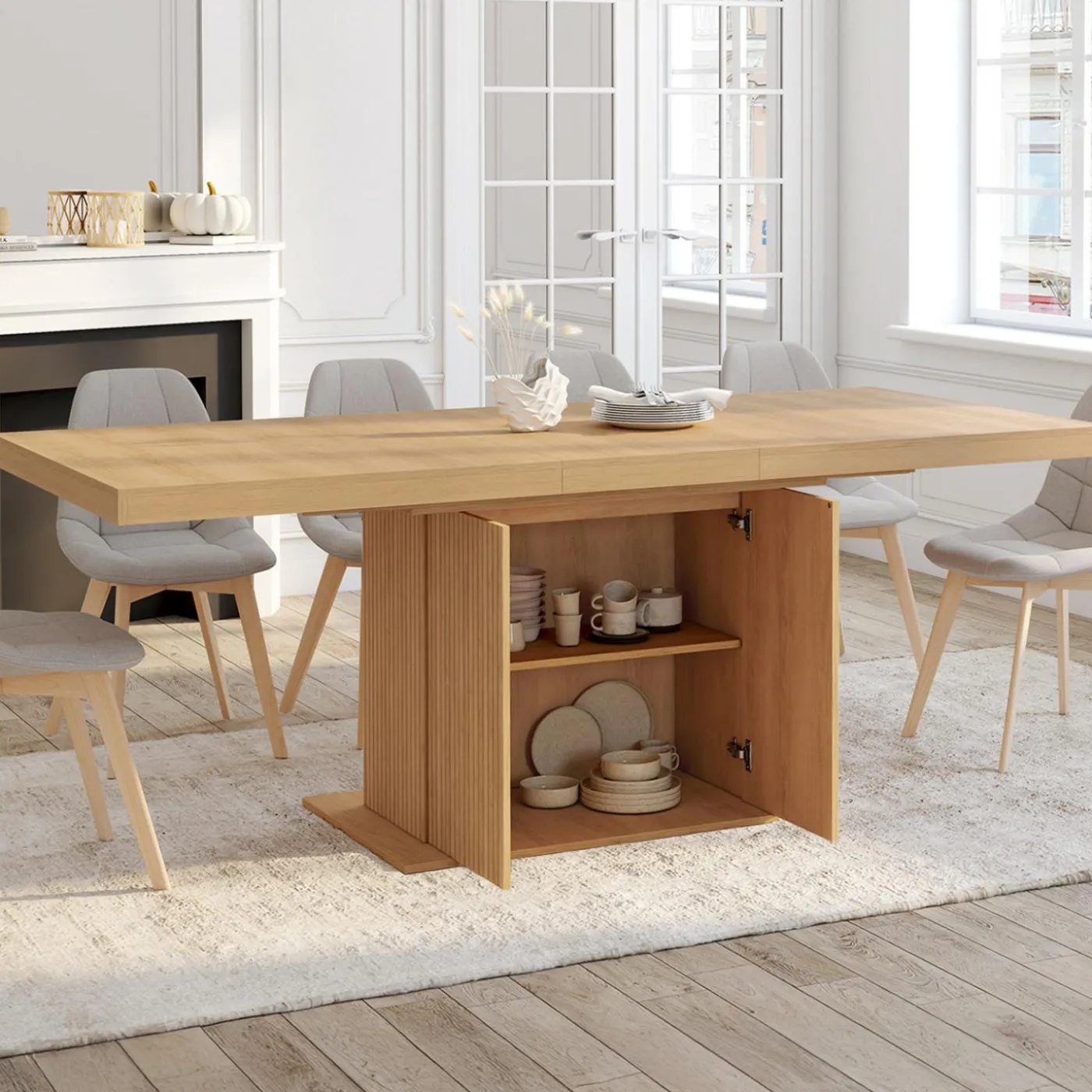 Table à manger extensible 160-200 cm lattes tasseau bois avec rangement pied central 6-10 personnes