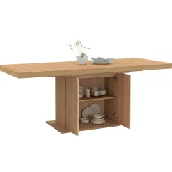Table à manger extensible 160-200 cm lattes tasseau bois avec rangement pied central 6-10 personnes