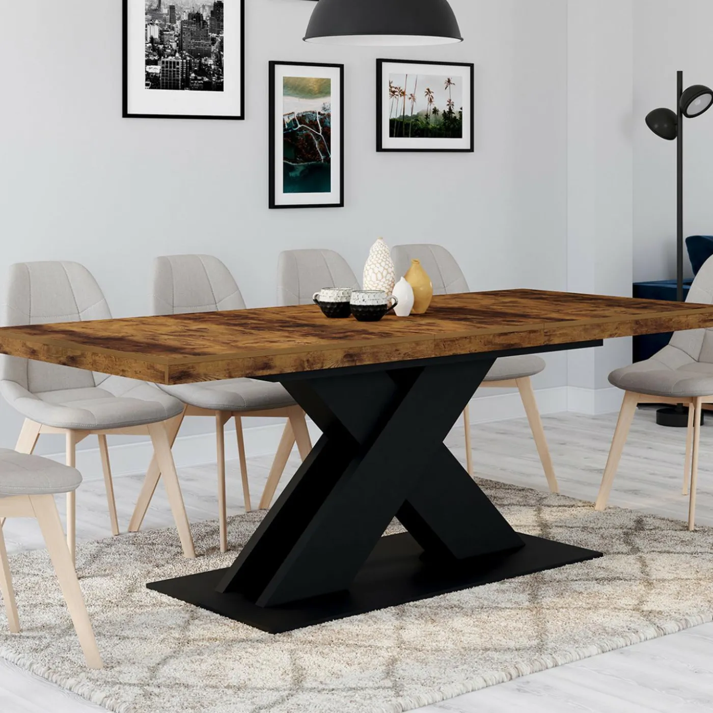 Table à manger extensible rectangle 160-200 cm 6-10 personnes pied X noir et plateau bois foncé