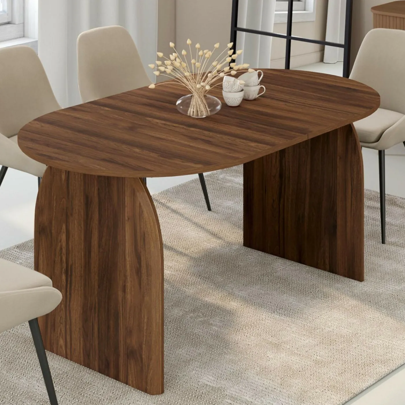 Table à manger extensible japandi ovale 6-10 personnes noyer 160 - 200 cm