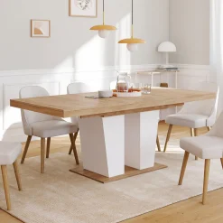 Table à manger extensible avec pied central bois et blanc