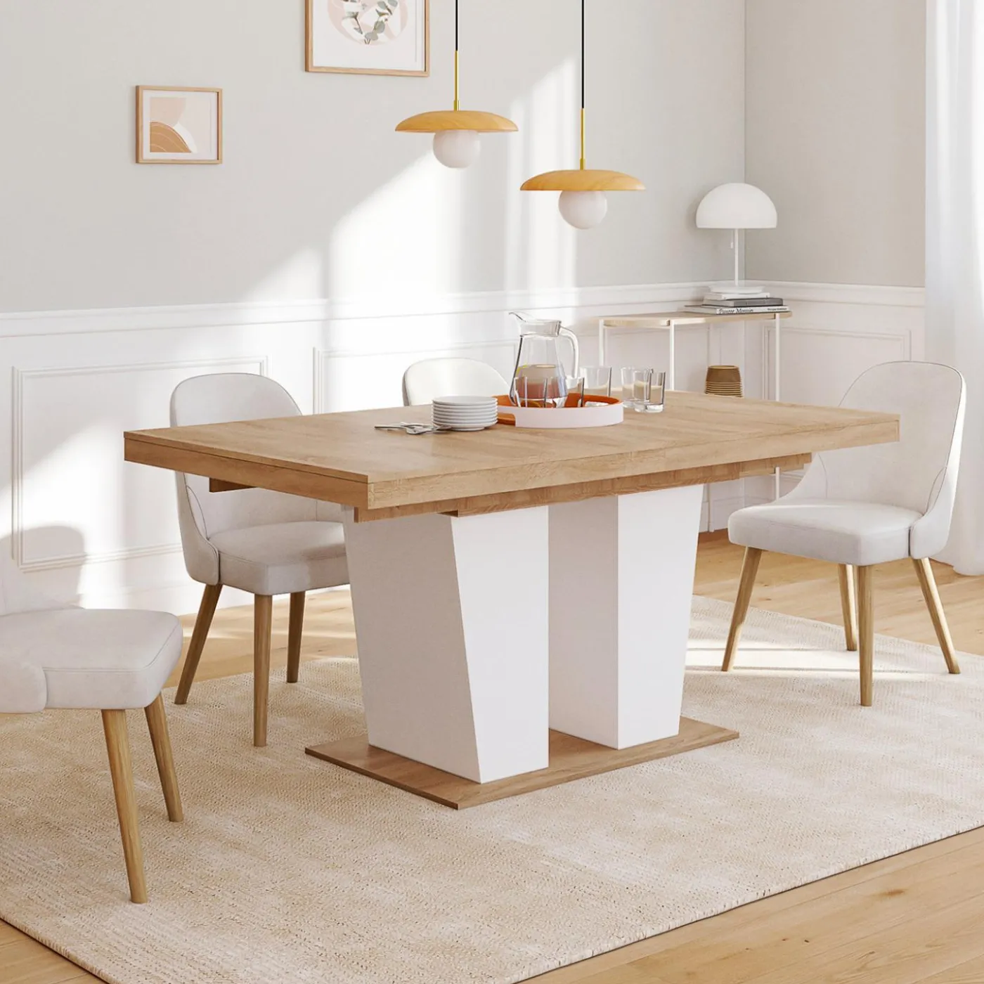 Table à manger extensible avec pied central bois et blanc