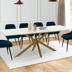 Table à manger extensible 160-200 cm 6-10 personnes avec plateau effet marbre doré et pied araignée en laiton