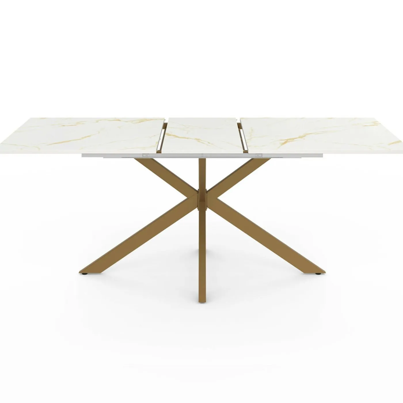 Table à manger extensible 160-200 cm 6-10 personnes avec plateau effet marbre doré et pied araignée en laiton