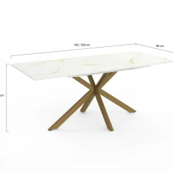 Table à manger extensible 160-200 cm 6-10 personnes avec plateau effet marbre doré et pied araignée en laiton
