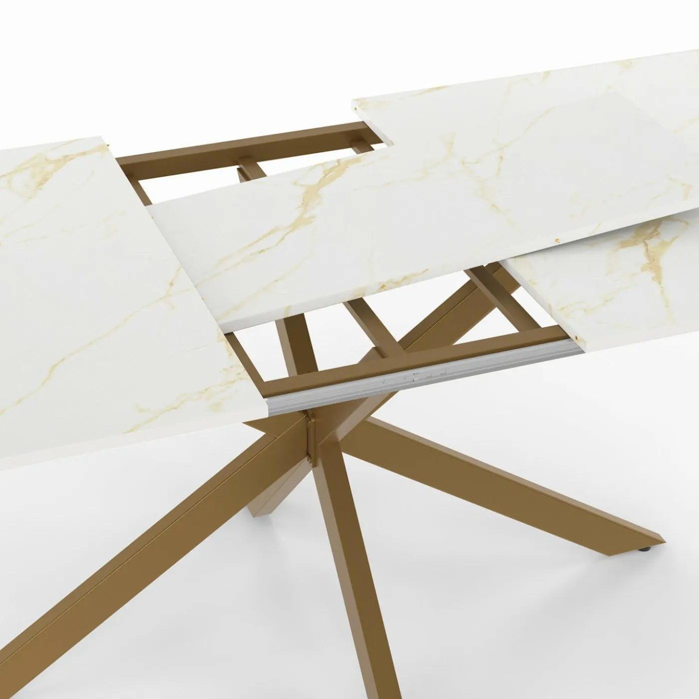 Table à manger extensible 160-200 cm 6-10 personnes avec plateau effet marbre doré et pied araignée en laiton