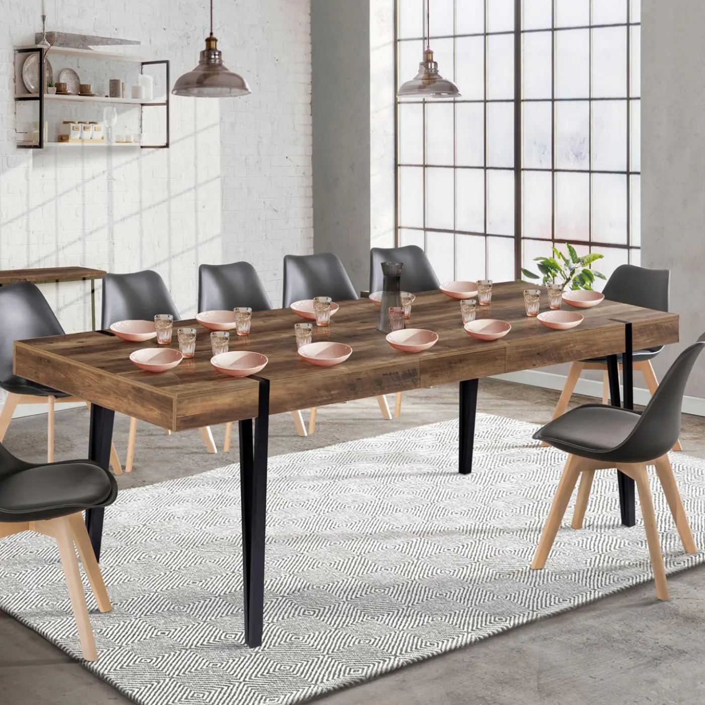 Table à manger extensible en bois pieds épingle noir 8-12 personnes 200-240 cm