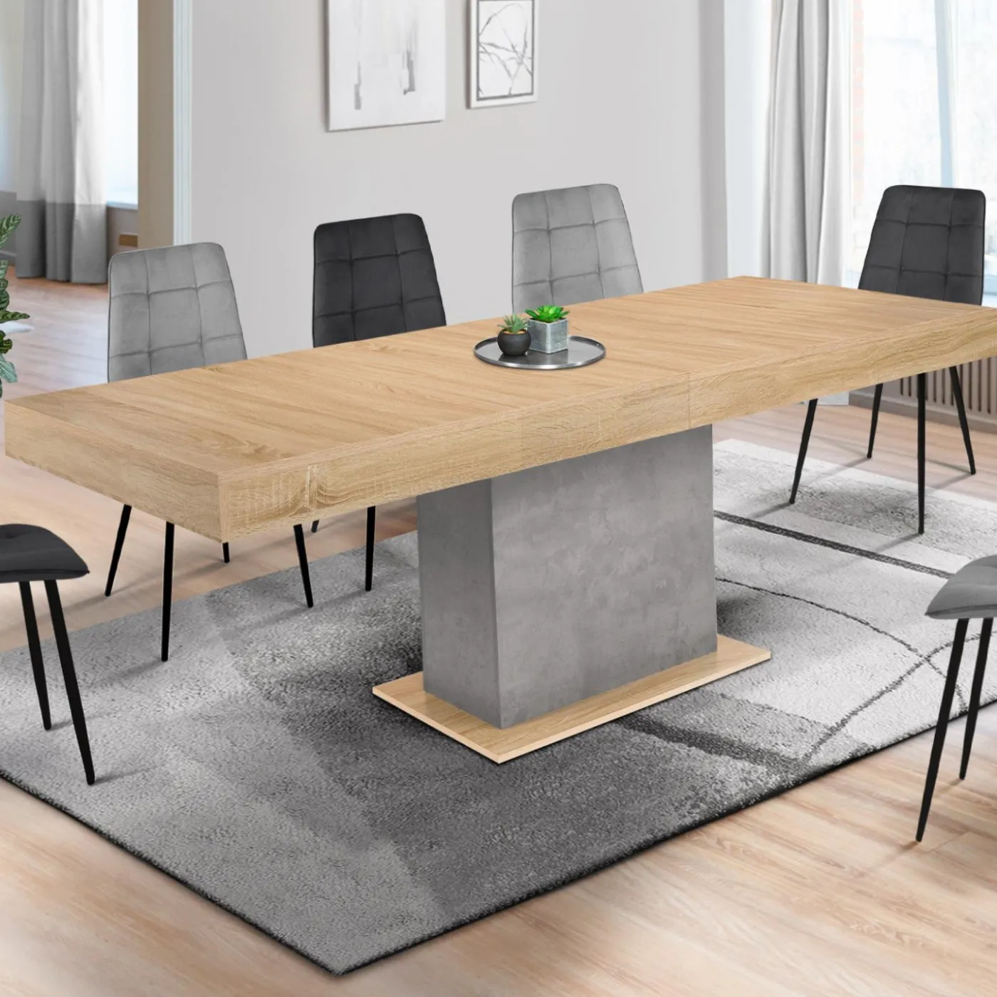 Table à manger extensible 6-10 personnes bois et effet béton