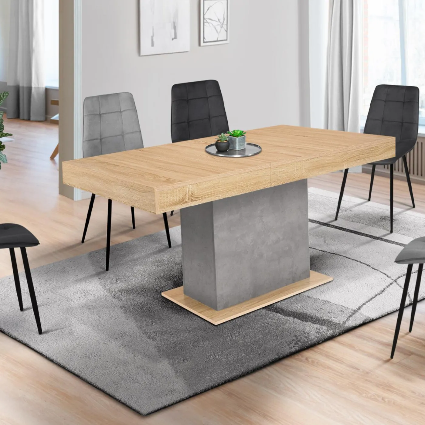 Table à manger extensible 6-10 personnes bois et effet béton