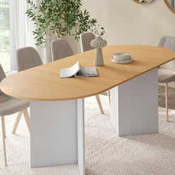 Table à manger extensible ovale MARTHE 6 -10 personnes bois façon hêtre et blanc 160-200 cm