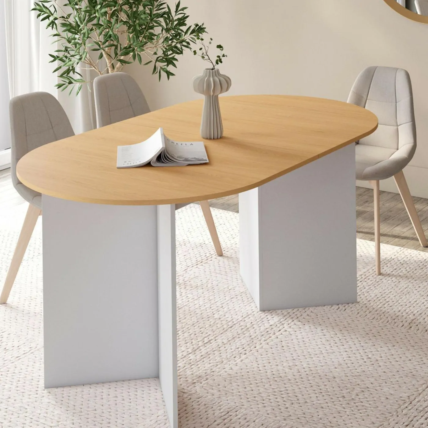 Table à manger extensible ovale MARTHE 6 -10 personnes bois façon hêtre et blanc 160-200 cm
