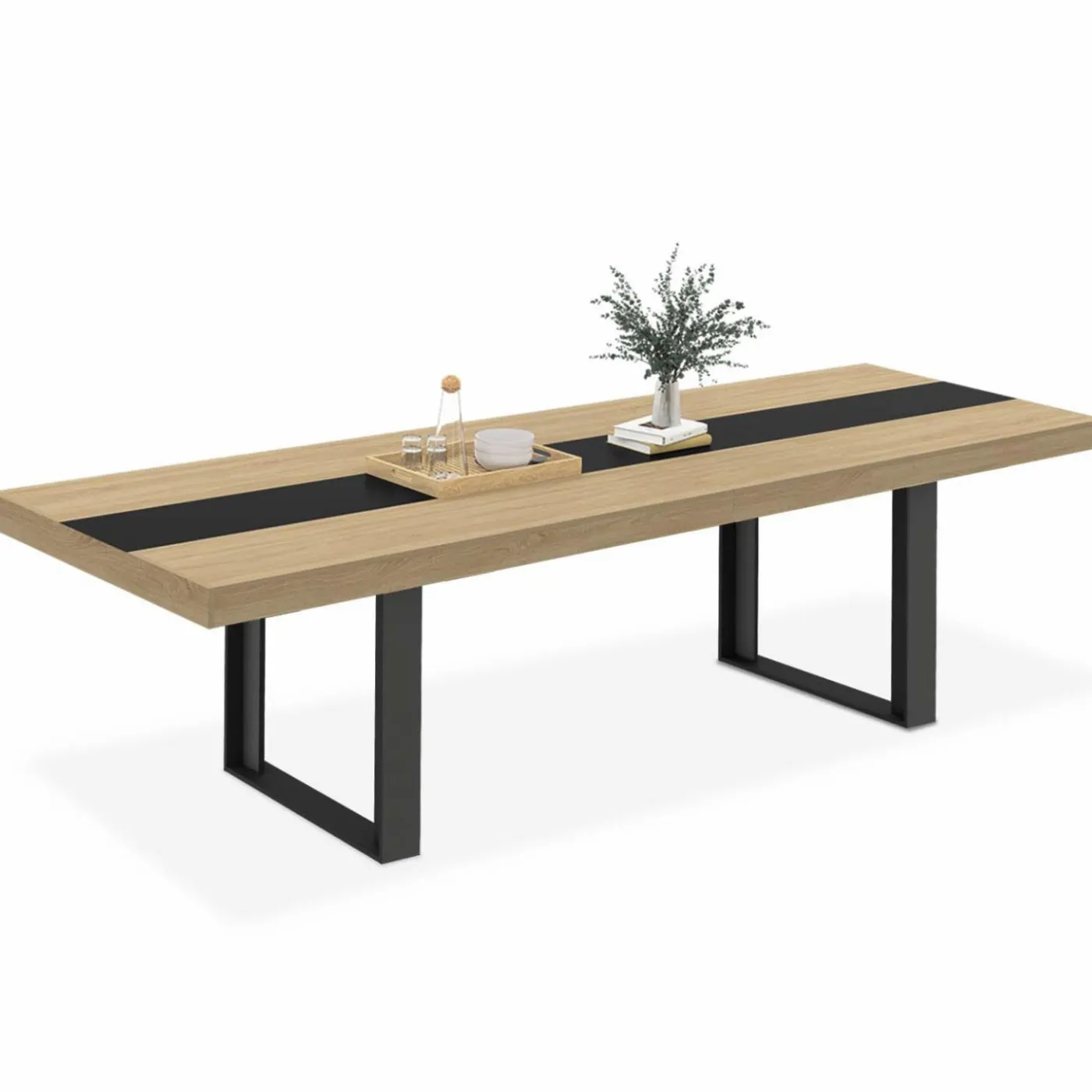 Table à manger extensible bois et bande centrale noire