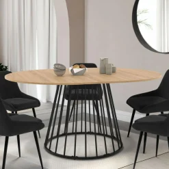 Table à manger extensible ronde 110-150 cm 4-8 personnes bois et pied filaire noir