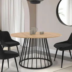 Table à manger extensible ronde 110-150 cm 4-8 personnes bois et pied filaire noir