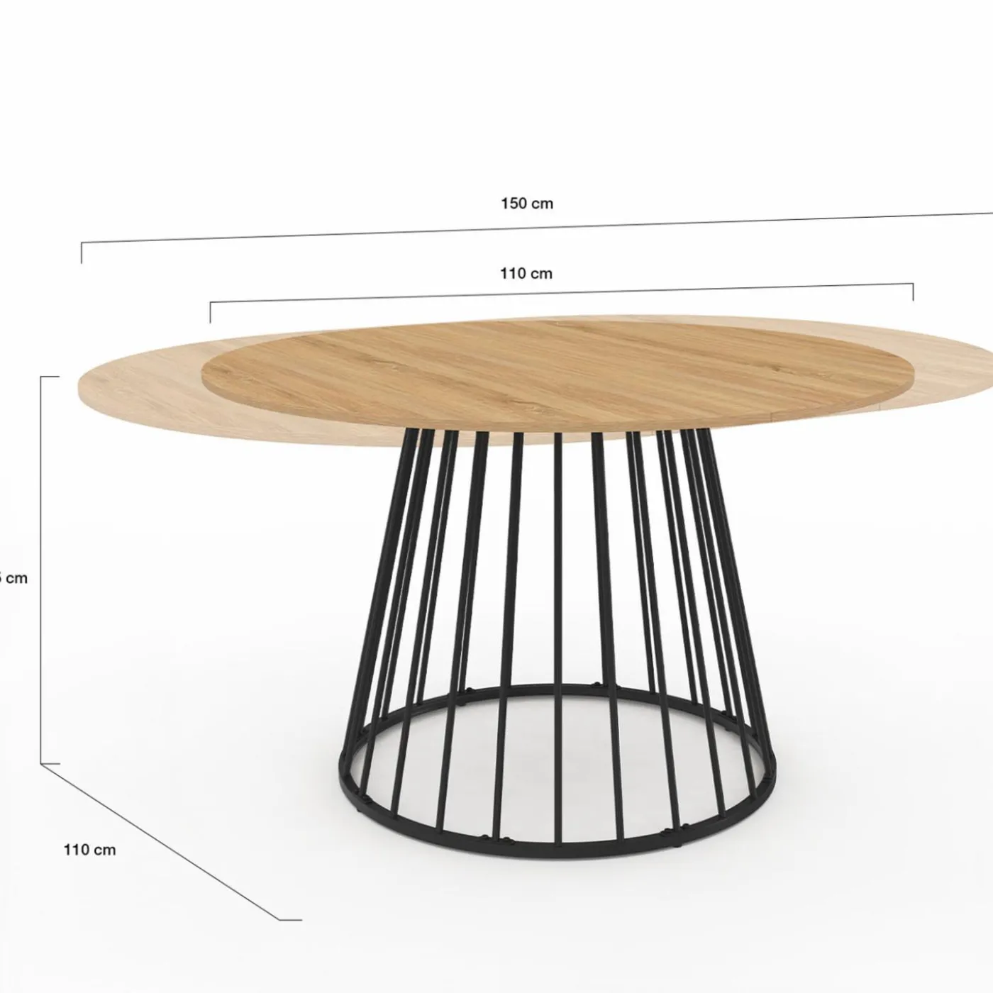 Table à manger extensible ronde 110-150 cm 4-8 personnes bois et pied filaire noir