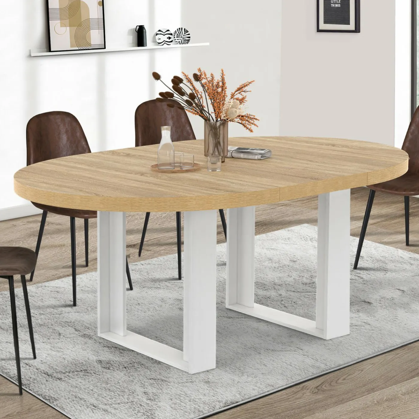 Table à manger extensible ronde bois et blanc 110-150 cm pour 4 à 6 personnes