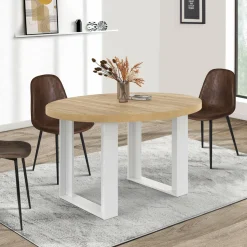 Table à manger extensible ronde bois et blanc 110-150 cm pour 4 à 6 personnes