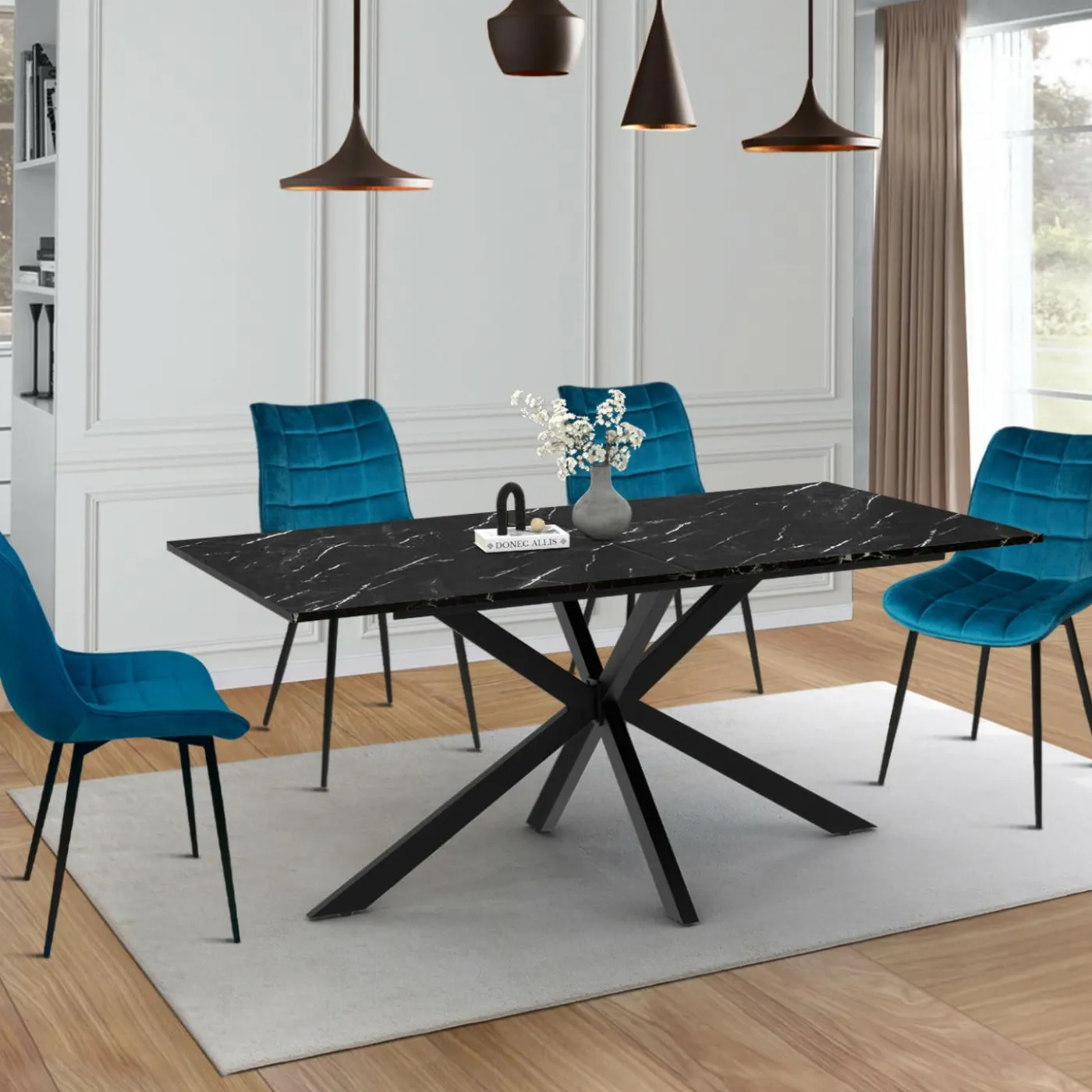 Table à manger extensible effet marbre noir