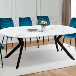 Table à manger extensible ronde 4-10 personnes pied araignée noir plateau effet marbre blanc 110-200 cm