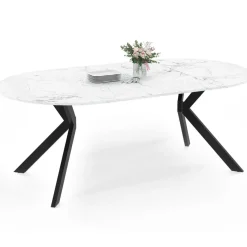 Table à manger extensible ronde 4-10 personnes pied araignée noir plateau effet marbre blanc 110-200 cm