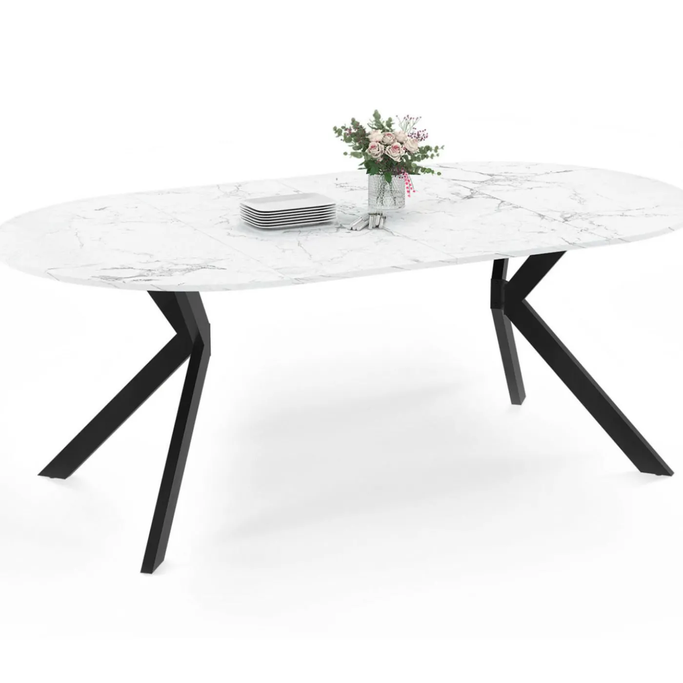 Table à manger extensible ronde 4-10 personnes pied araignée noir plateau effet marbre blanc 110-200 cm