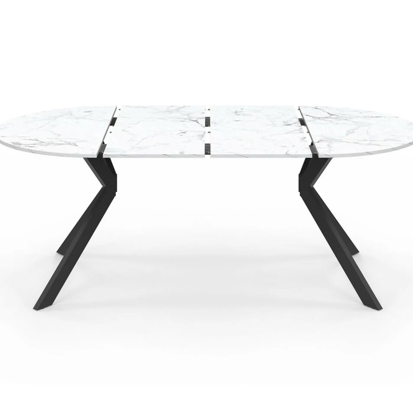 Table à manger extensible ronde 4-10 personnes pied araignée noir plateau effet marbre blanc 110-200 cm