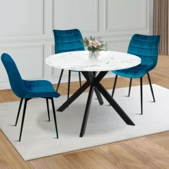 Table à manger extensible ronde 4-10 personnes pied araignée noir plateau effet marbre blanc 110-200 cm