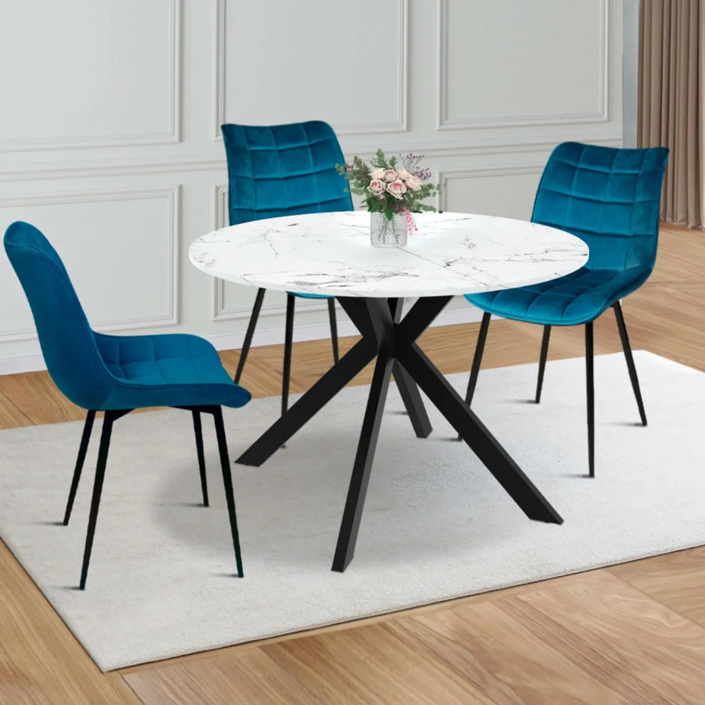 Table à manger extensible ronde 4-10 personnes pied araignée noir plateau effet marbre blanc 110-200 cm