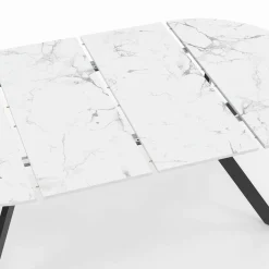 Table à manger extensible ronde 4-10 personnes pied araignée noir plateau effet marbre blanc 110-200 cm