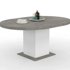 Table à manger extensible ronde 4-8 personnes béton et blanc 120-160 cm